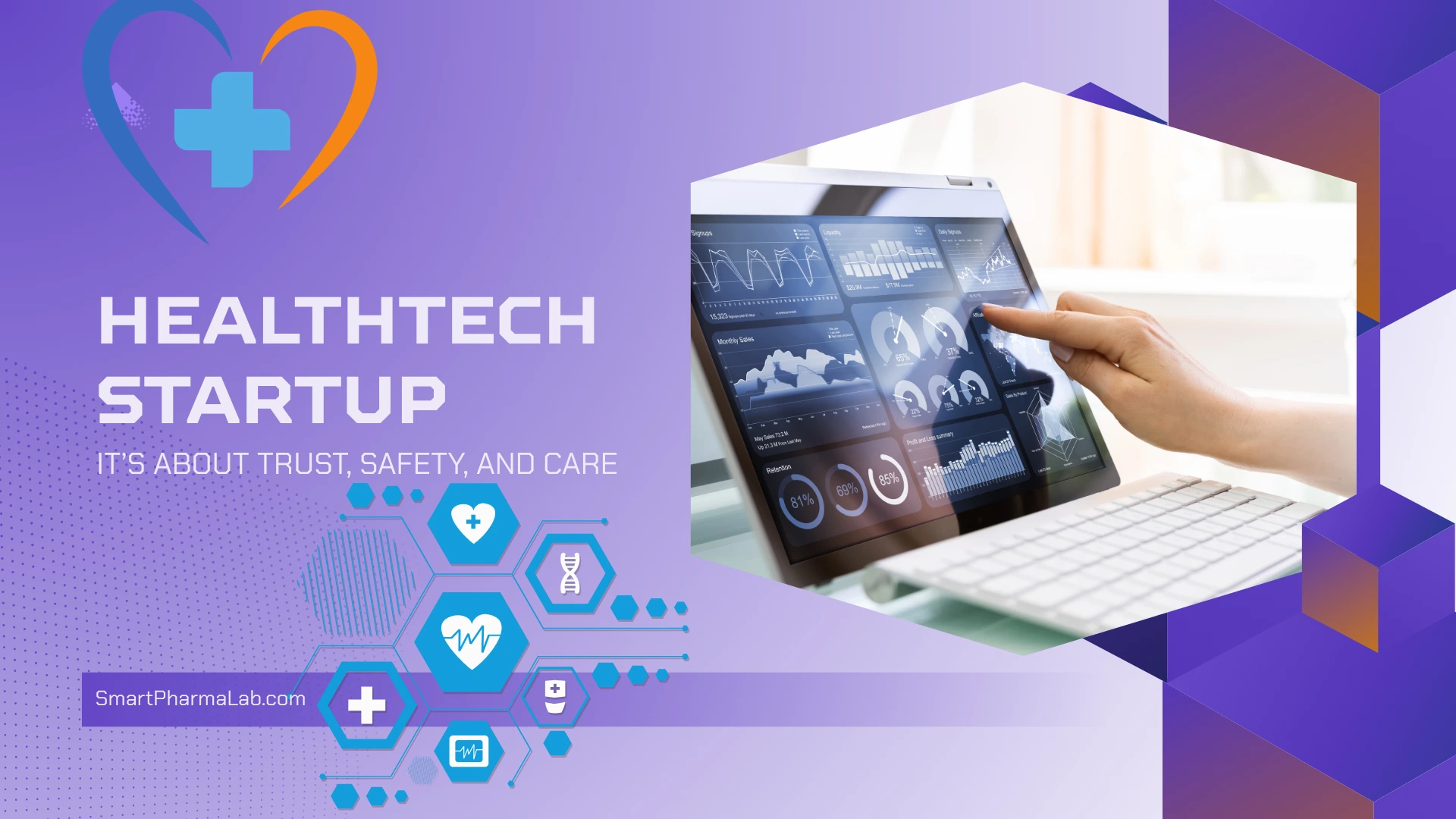 HealthTech Startup dashboard showing SmartPharmaLab.com domain in a digital healthcare interface