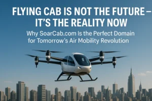 A futuristic flying cab soaring over a modern city skyline, representing urban air mobility and the SoarCab.com brand